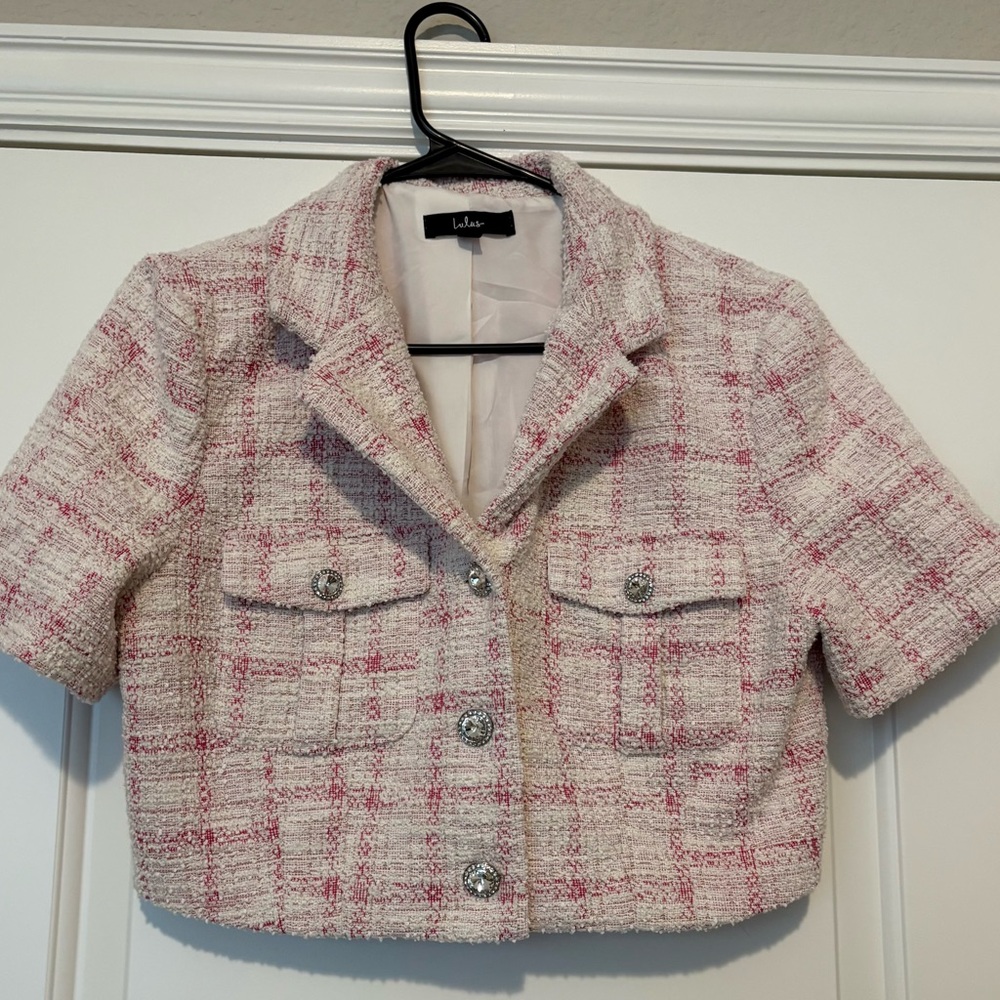 Lulu Pink and White Tweed Rhinestone Button-Front Top Size Medium